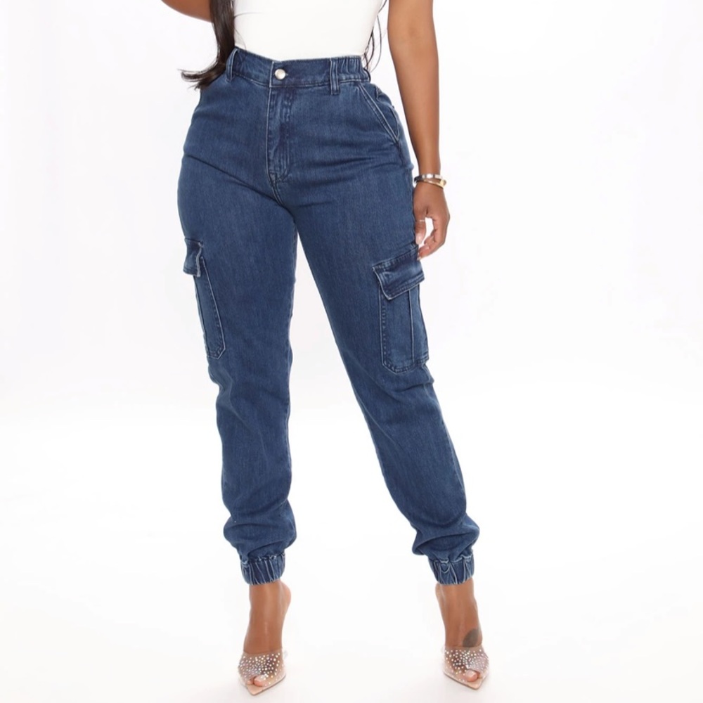 FASHION NOVA Before You Go Cargo Denim Joggers - Dark Wash in Size S